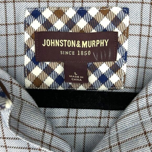 Johnston & Murphy Men's Button Down Shirt Large Blue Brown Plaid Long Sleeve - Picture 2 of 6